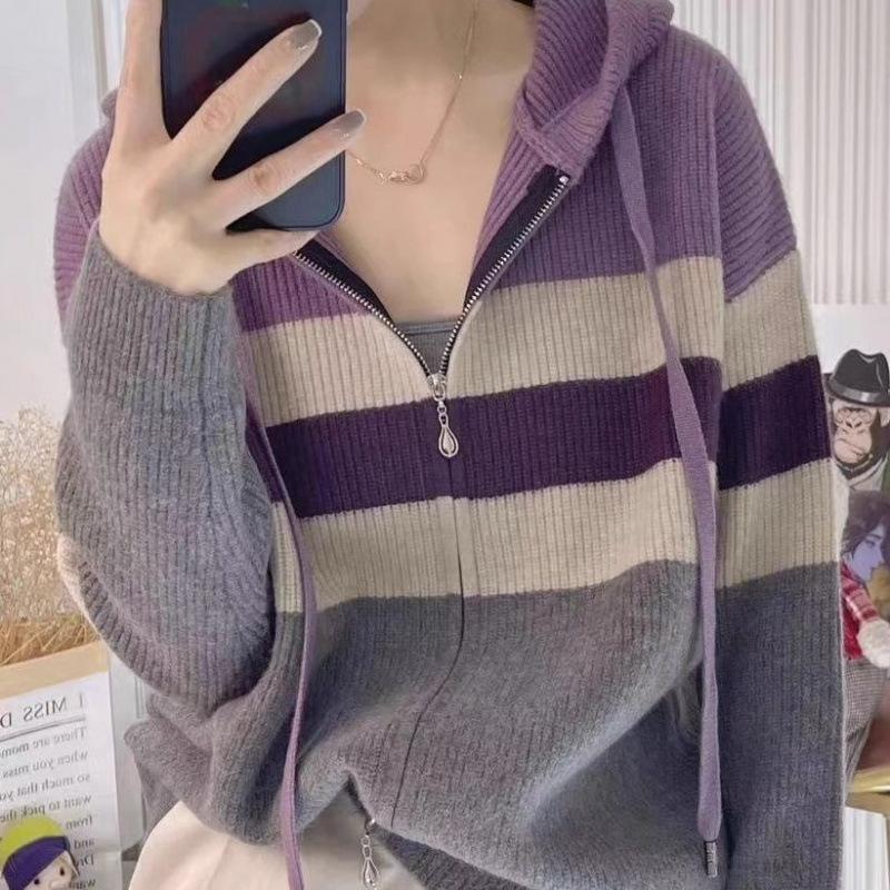 

Color Clash Полосатый вязаный свитер с капюшоном кардиган женский свободный ленивый ветер с длинными рукавами на молнии куртка удобная универсальная и модная One size фиолетовый