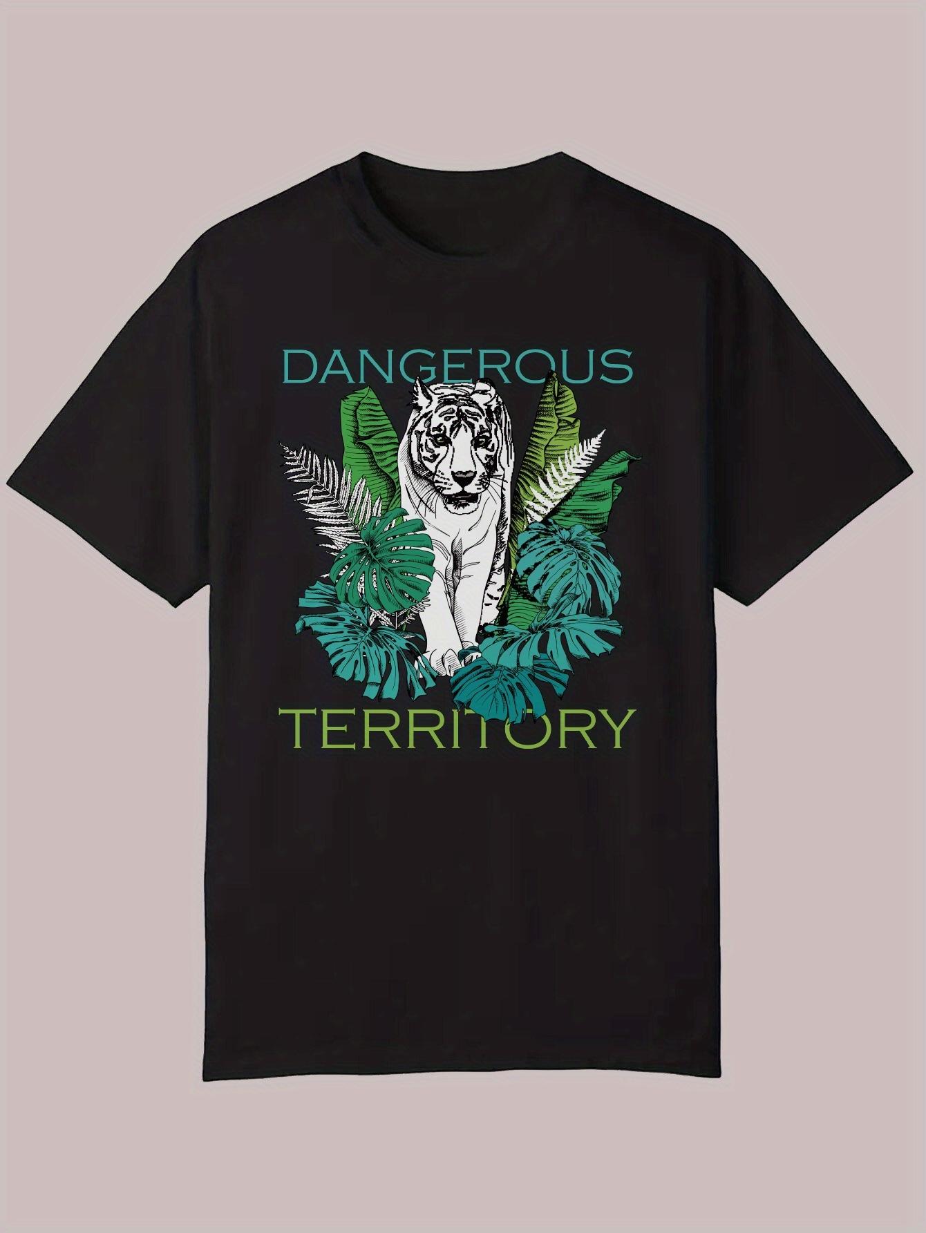 

Dangercus Territory Graphic T-shirt - Black Polyester Casual Summer Tee with White Tiger & Green Foliage Design M