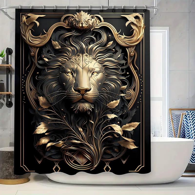 Luxury Golden Lion Shower Curtain Black Gold Decorative Bathroom Wall Hanging Floral Art Print For Home Decor