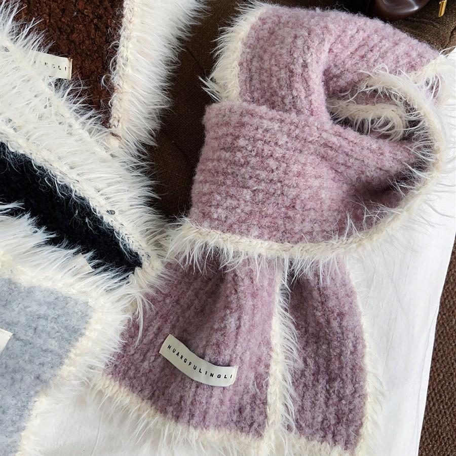 Autumn and Winter New Contrast Color Raw Edge Knitted Scarf for Women Korean Version Ins Fashion Warm Woolen Scarf Student Trend