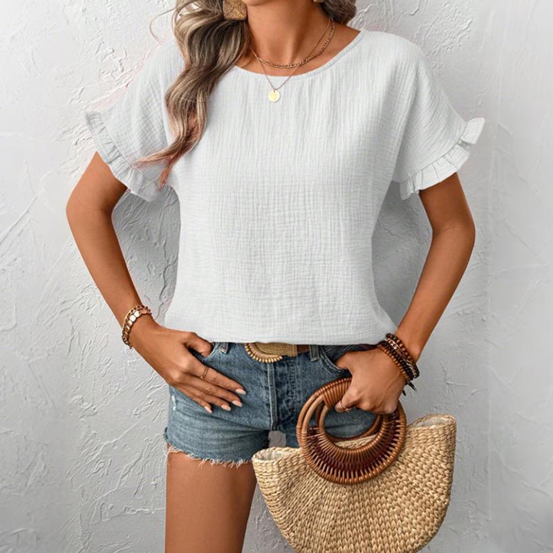 Women Summer Ruffles Short Sleeve O Neck Back Button Solid Color Pullover Shirt Top
