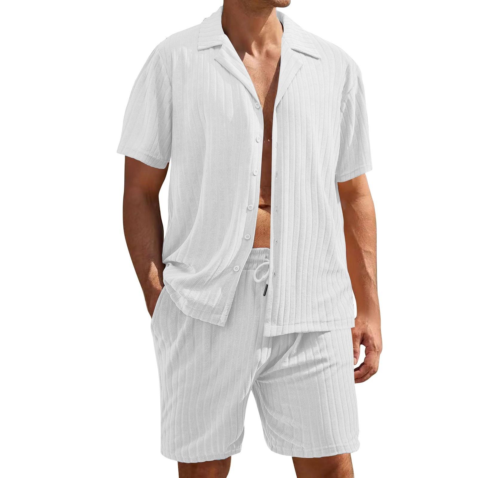 

Мужская однотонная полосатая рубашка с коротким рукавом и застежкой на пуговицы в винтажном стиле с лацканами XL белый