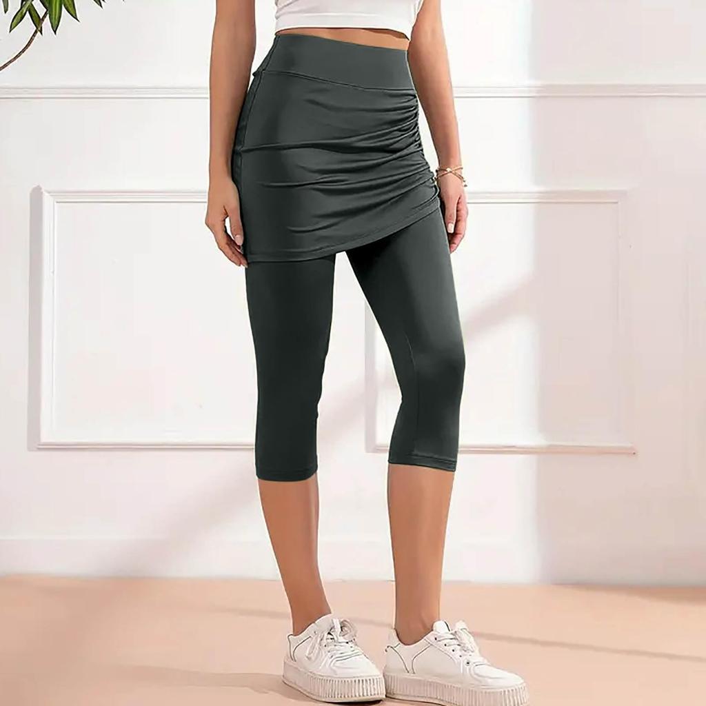 Damskie legginsy treningowe ze spódniczką ze sznurkiem, casualowe letnie z wysokim stanem, miękkie, sportowe spodnie do jogi