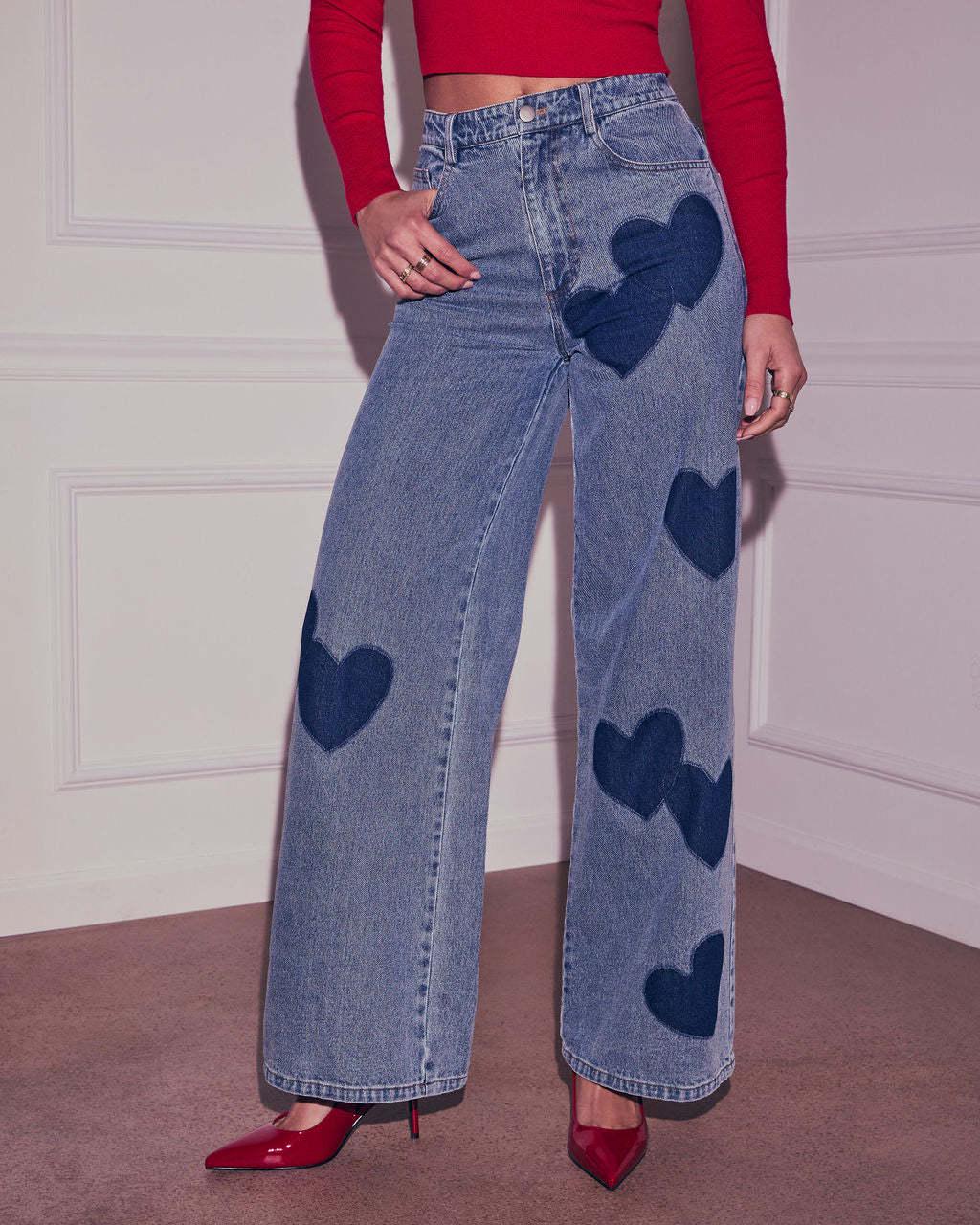 2026 Spring/Summer Heart Print Retro Wide Leg Jeans for Women S