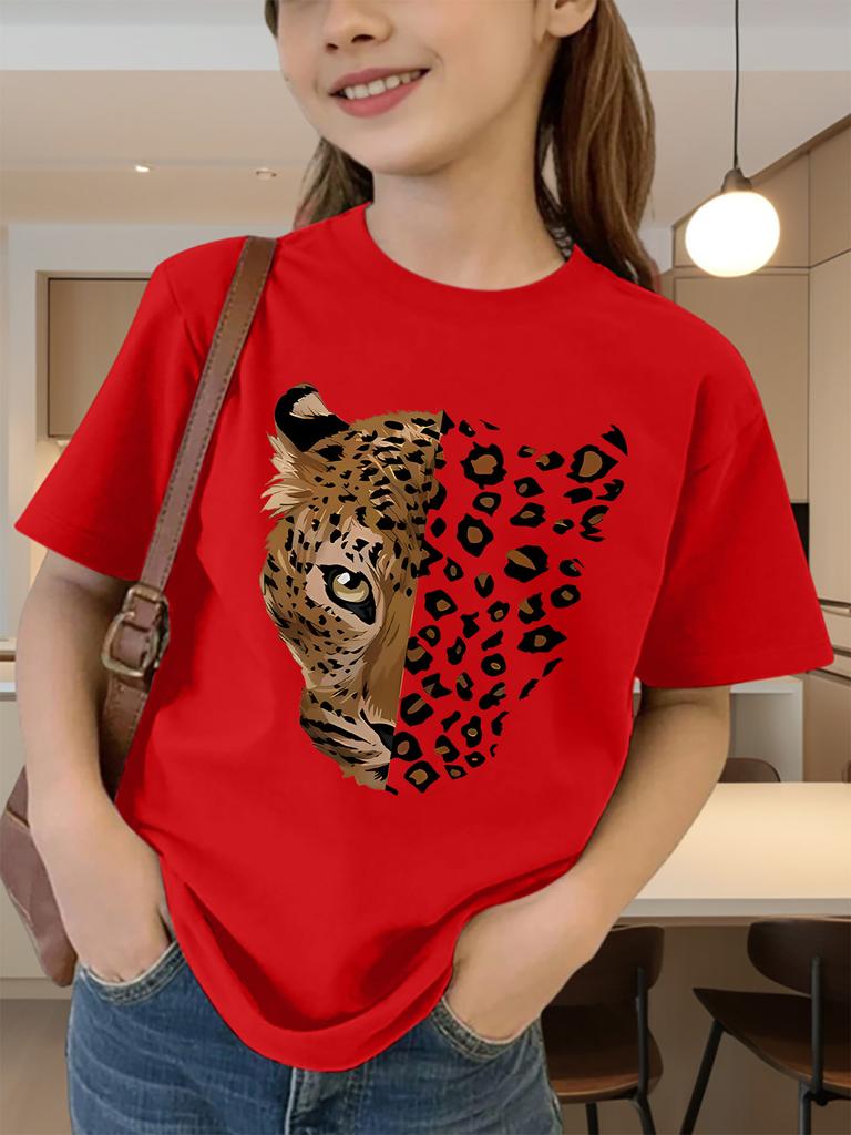 Cute Heart Shaped Leopard Face Print Graphic Kids Tee Boys Girls Family Matching Cotton Crew Neck Short Sleeve Soft Summer Tee