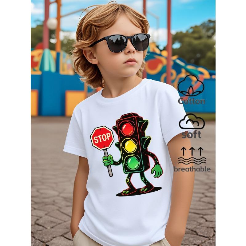 European Sizes Boys' Breathable Short Sleeve T-Shirt WithTraffic Light Stop Sign Cartoon Character Graphic Print - Round Neck Casual Summer Shirt