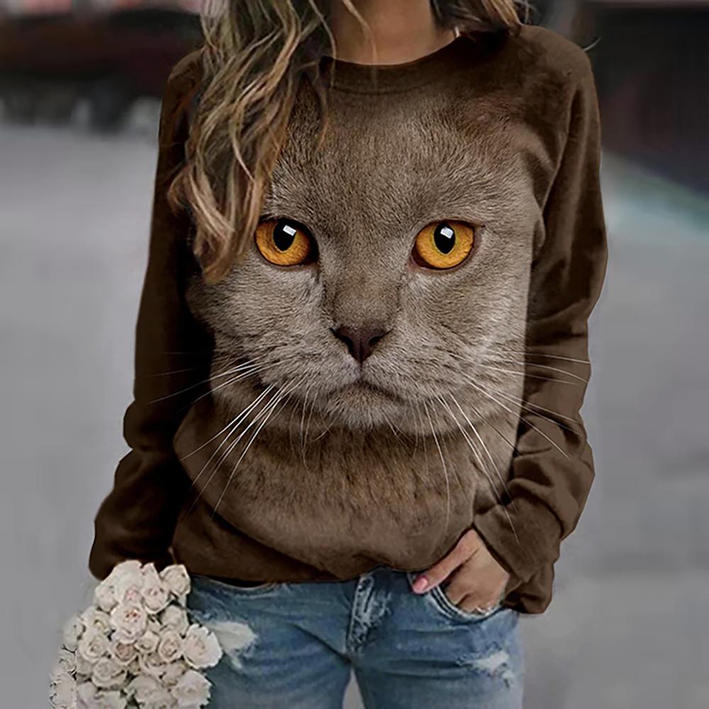 Women's Crew Neck Hoodie Sweatshirt Cat Graphic 3D Print Daily Basic Casual Long Sleeve Tops Gray Brown White