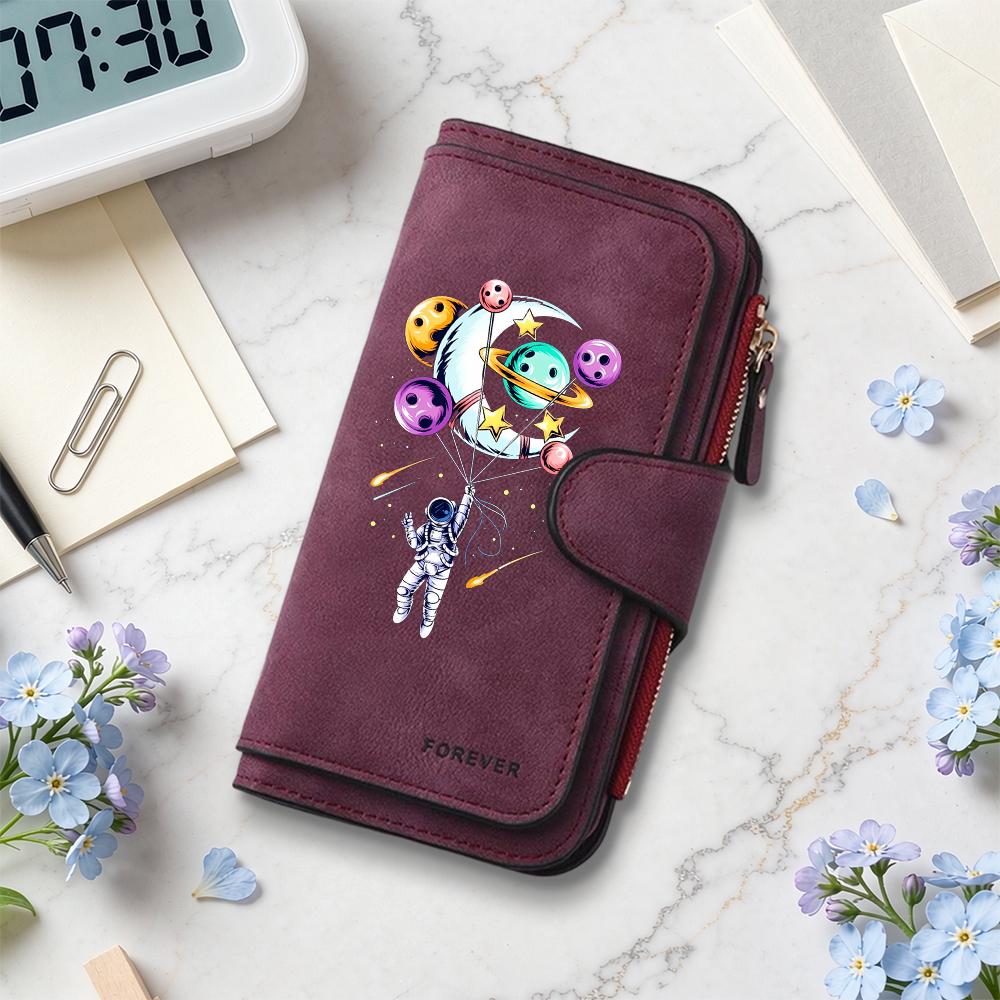 Cute Astronaut Print Wallet Women Fashion Card Holder Portable Daily Use Purse