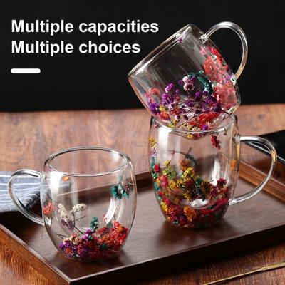 Double Wall Glass Floral Mug 250ml/350ml Clear Aesthetic Drink Cup with Insulated Handle Real Flower Decoration Double Layered Heat Preserving