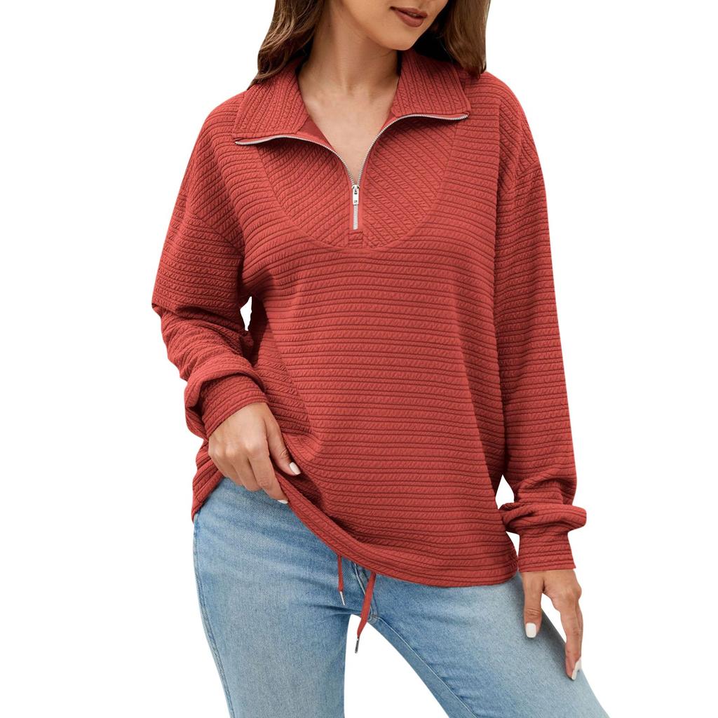 Women's Fashion Lapel Zipper Drawstring Loose Pullover Long Sleeve Casual Sweatshirt