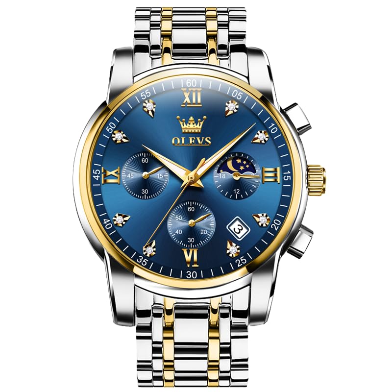Stylish Men's Chronograph Watch, Business Watch, Quartz Movement, Stainless Steel Band, Sapphire Crystal, Waterproof, Luminous Hands, Blue Color. A