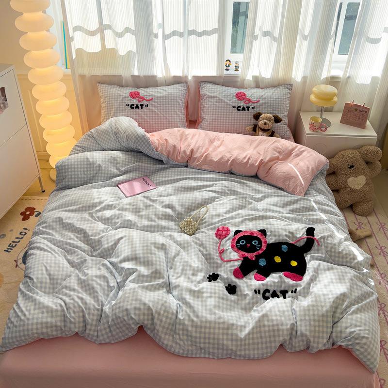 Applique Embroidery Ins Towel Embroidery Washed Cotton Four-piece Quilt Cover Bed Sheet Dormitory Three-piece Bedding Set Bed Sheet Quilt Cover