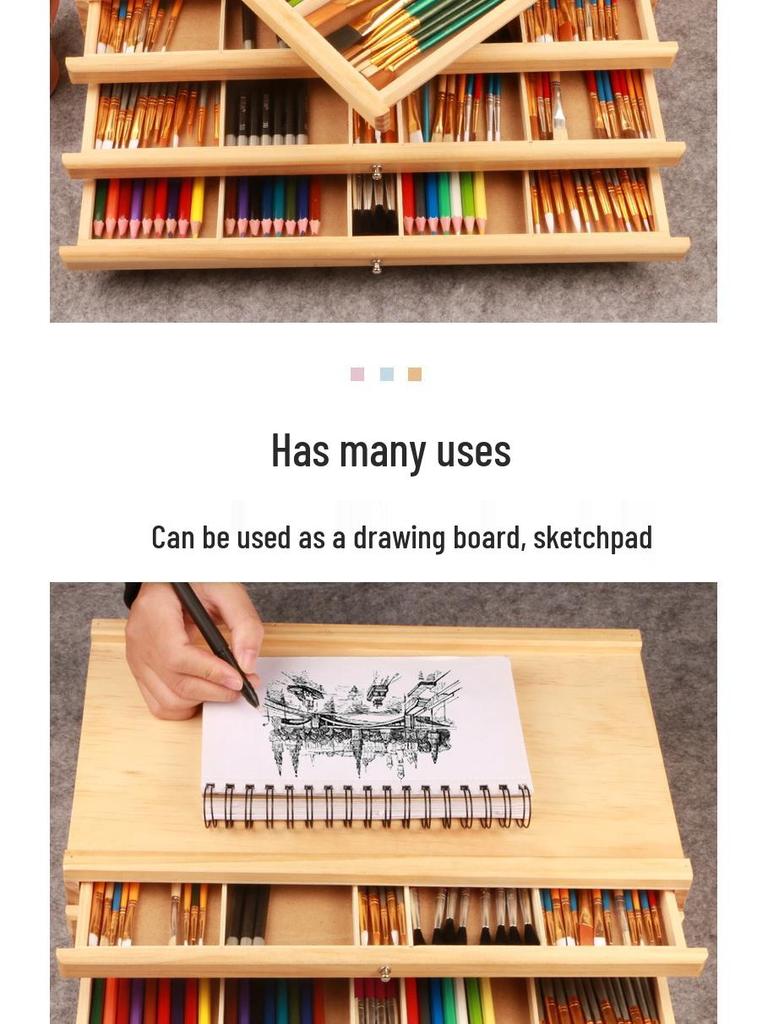 Mehrschichtige Kiefernholz-Kunstbedarf-Aufbewahrungsbox - Handliche Schublade für Bleistifte, Pinsel und Kalligrafie-Werkzeuge