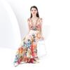 Summer Women Deep V-neck Flying Sleeve Vintage Print Holiday Beach Long Maxi Dresses