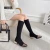 European Station Autumn and Winter Elastic Boots Square Head Tall Fashion Boots Women's Middle Heel Splicing Knee Boots Coarse Heel Boots Women's