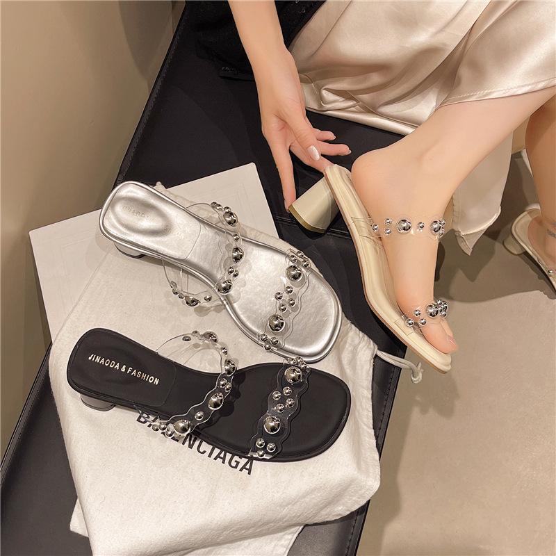 Temperament mit Rock transparent dicker Absatz Damenschuhe 2025 Sommer neu Französische Strass offene Kristallschuhe sexy Ein-Wort-Sandalen