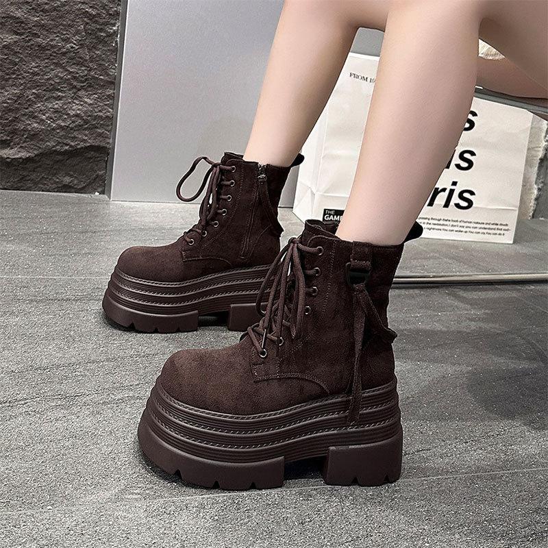 British Martin Boots Women's Autumn and Winter New Single Boots Retro Lace-up Thick-soled Heightening Muffin Thin Short Boots