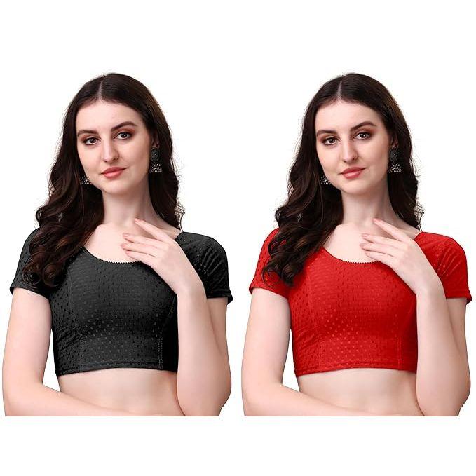 Women’s Cotton Saree Blouse Combo | Ready-to-Wear Round Neck Stitched Blouses | Soft Dobby Stretch Fabric | Party, Festive
