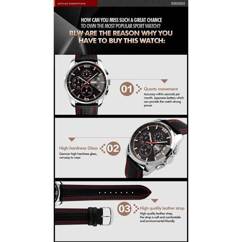 Men's Quartz Analog Sports Chronograph Waterproof Watch with Black Leather Strap, Skmei 9106 Blue