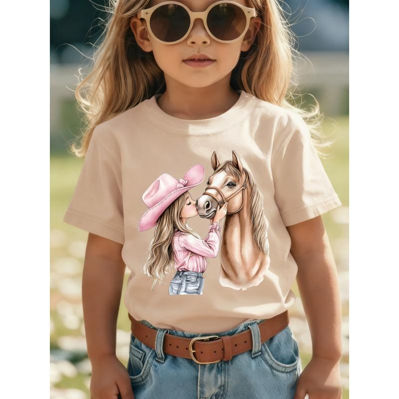 

Girls Summer Short Sleeve T-Shirt with Kissable Horse & Mara Cartoon Patch - Pink Casual Round Neck Blouse for Equestrian Outfits NY-DX7632 100