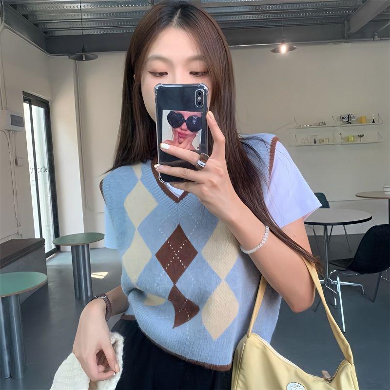 

Жилетка, светр, весняно-осінь, коледж, в язана жилетка, жіночий корейський верхній одяг, безрукавка, без рукавів, без рукавів, жіноча. One Size синій