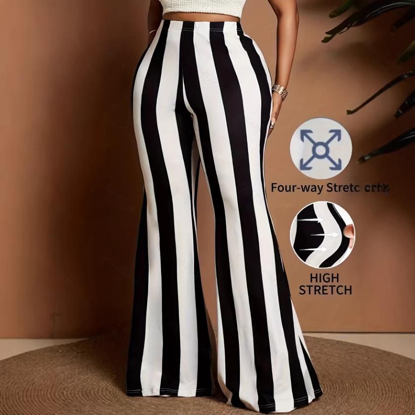 Damen Plus Size Gestreifte Schlaghose mit Gummizug - Europäische & Amerikanische Mode 2026