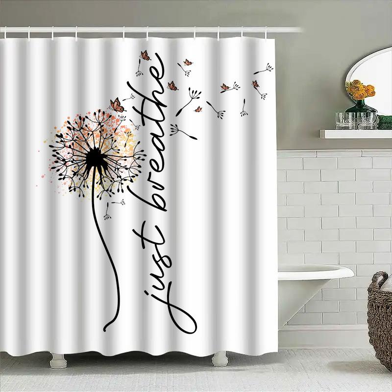 Entzückender Löwenzahn Duschvorhang Just Breathe Heimdeko Badezimmerzubehör In Weiß Mit Schwarzem Druck Für Wohnzimmerdeko