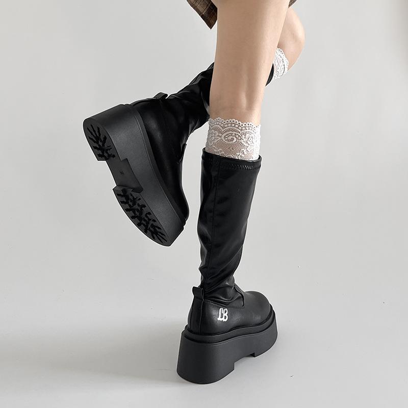 Høst Vinter Dame Knehøye Støvler Mote Komfort Mykt Skinn Plattforms hæl Lange Ankelstøvletter Trend Damesko