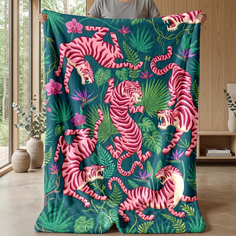 Pink Tigers in Jungle Theme blanket Lightweight Warm Flannel Blanket Decorative Throw Blanket for Home Decoration