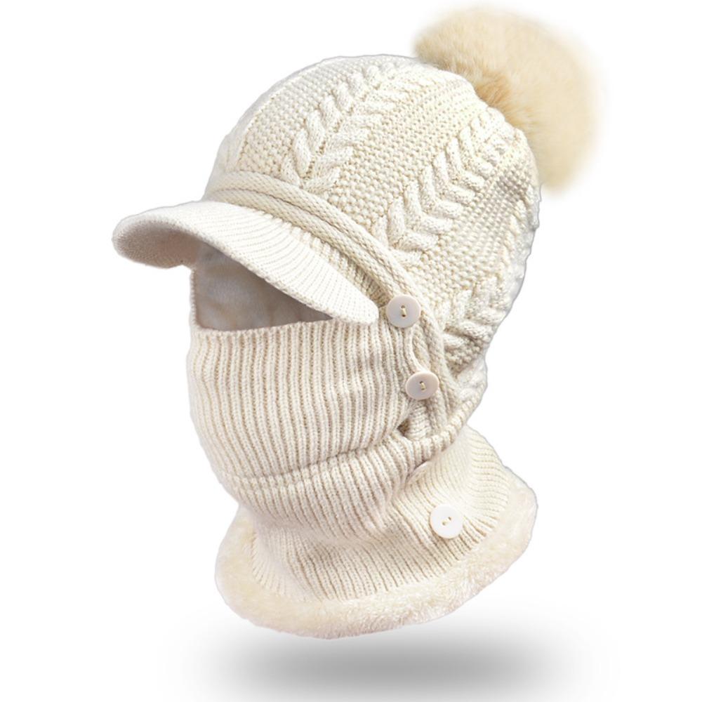 Wool Knitted Women Wool Knitted Hat Thick Face Warmer Pompoms Cap Windproof Winter Ski Hat