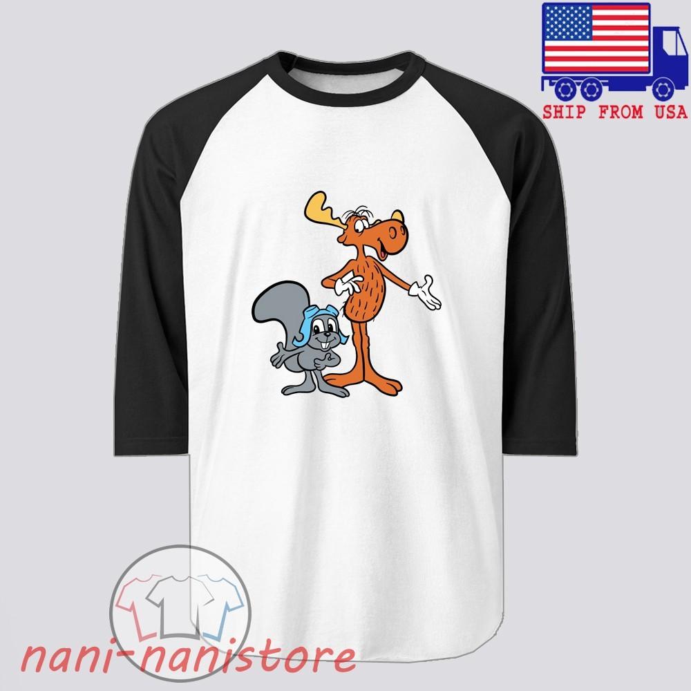 Rocky and Bullwinkle Retro Crtoon Character Men#039;s Raglan Black Size S2XL Unisex T-Shirt S