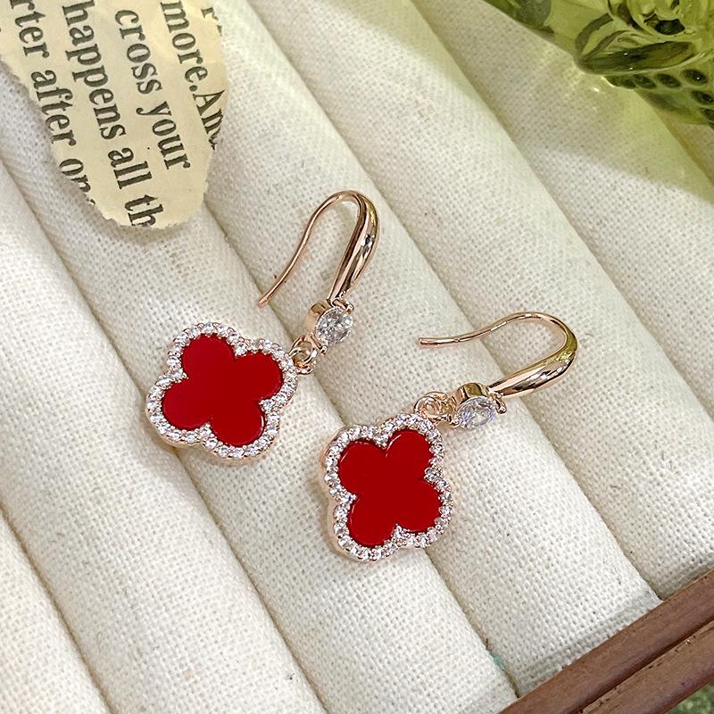 Red Four-Leaf Clover Earrings for Women - High-End, Fashionable Silver Jewelry with Chic Fragrance Style.