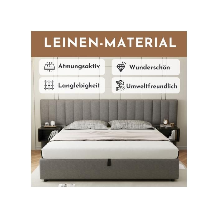 Gepolstertes Bett - MUVOE - 160 x 200 cm - Hydraulisch - 2 Nachttische - Integrierter Stauraum