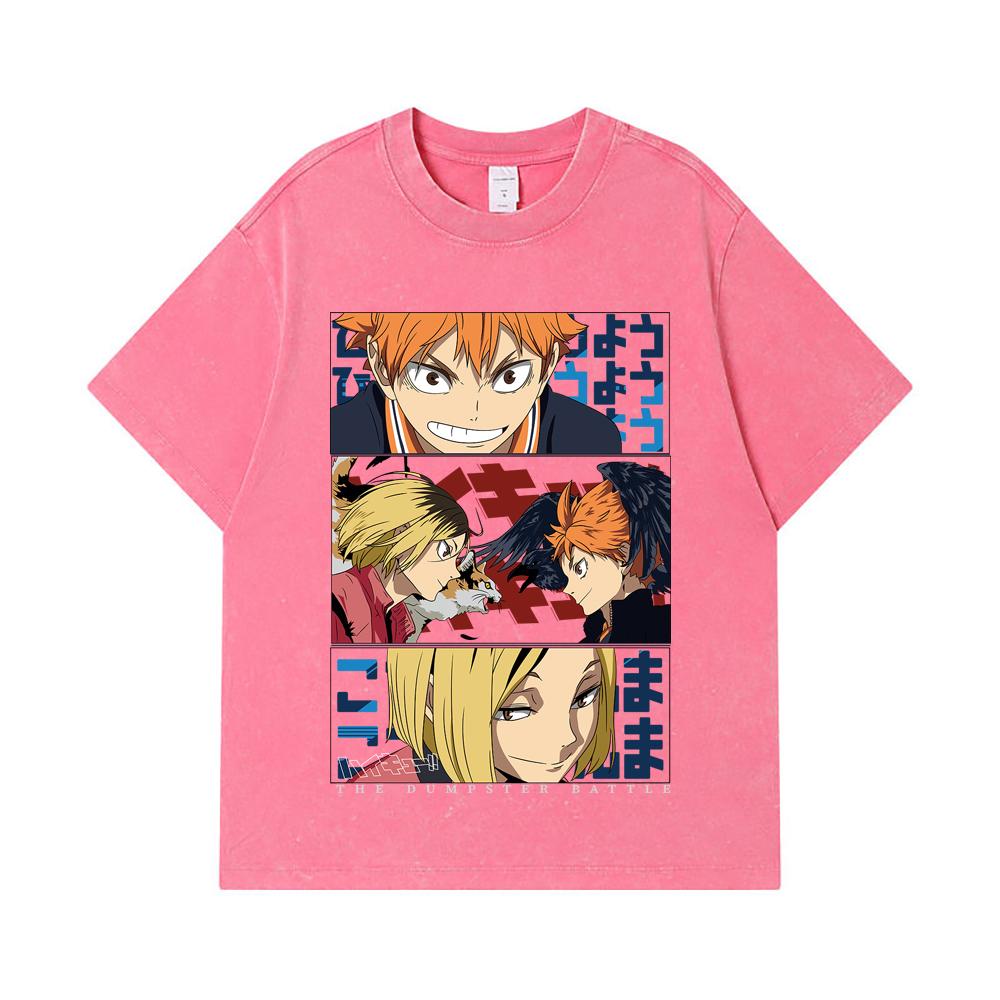 275 GSM Gewaschene T-Shirts 100% Baumwolle Haikyu V9 Mülltonnen-Schlacht Druck Unisex Schweres Baumwoll-T-Shirt