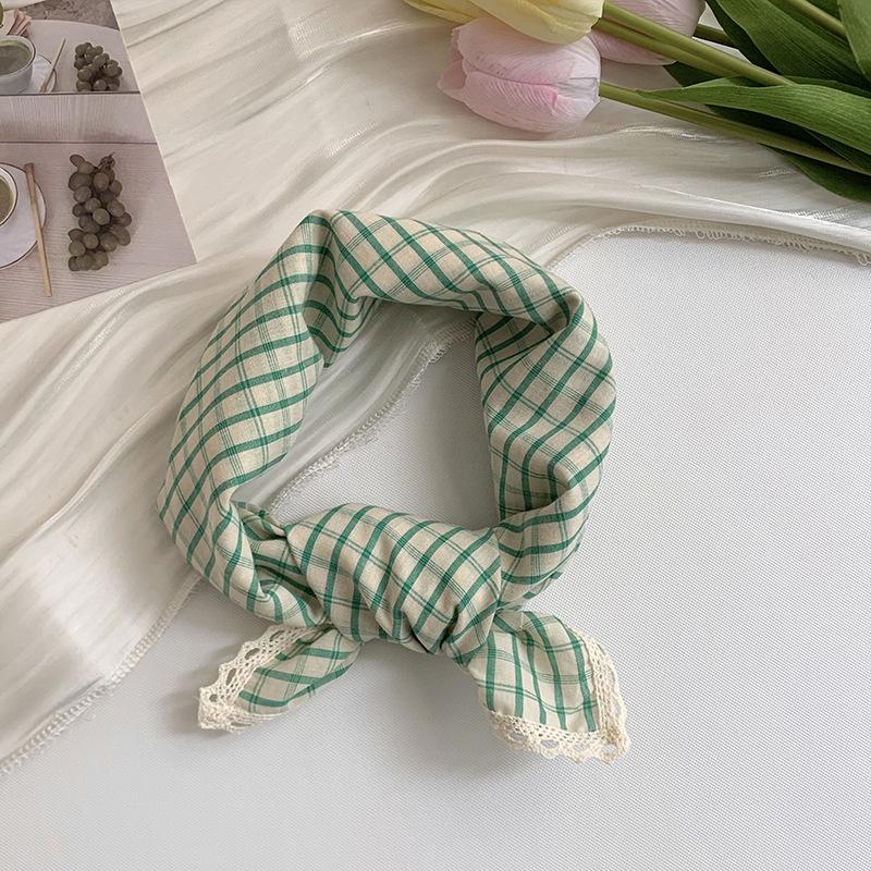Silk scarf neck small square scarf plaid lace edge versatile fashion scarf headscarf summer women pastoral silk scarf headband