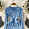 Autumn Winter Women Elegant V-neck Knitted Sweater Metal Button Christmas Party Long Midi Fishtail Dresses