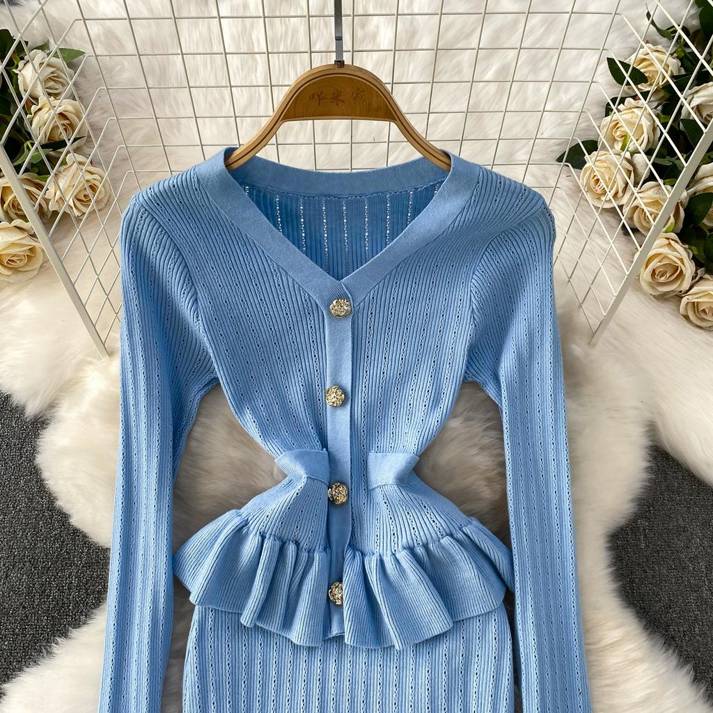Autumn Winter Women Elegant V-neck Knitted Sweater Metal Button Christmas Party Long Midi Fishtail Dresses