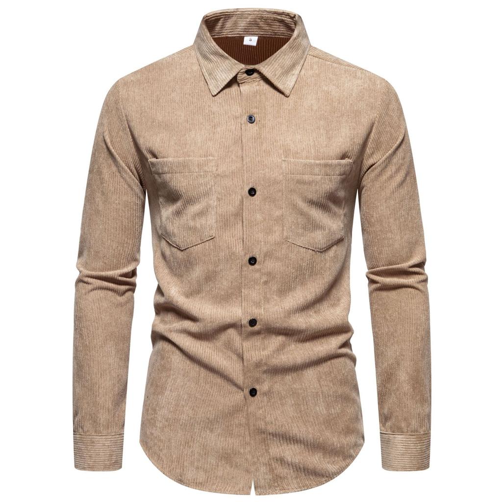 Men's Retro Solid Color Shirts Long Sleeve Shirt Jacket Casual Business Shirt for Men Lightweight Work Corduroy Lapel Shirts