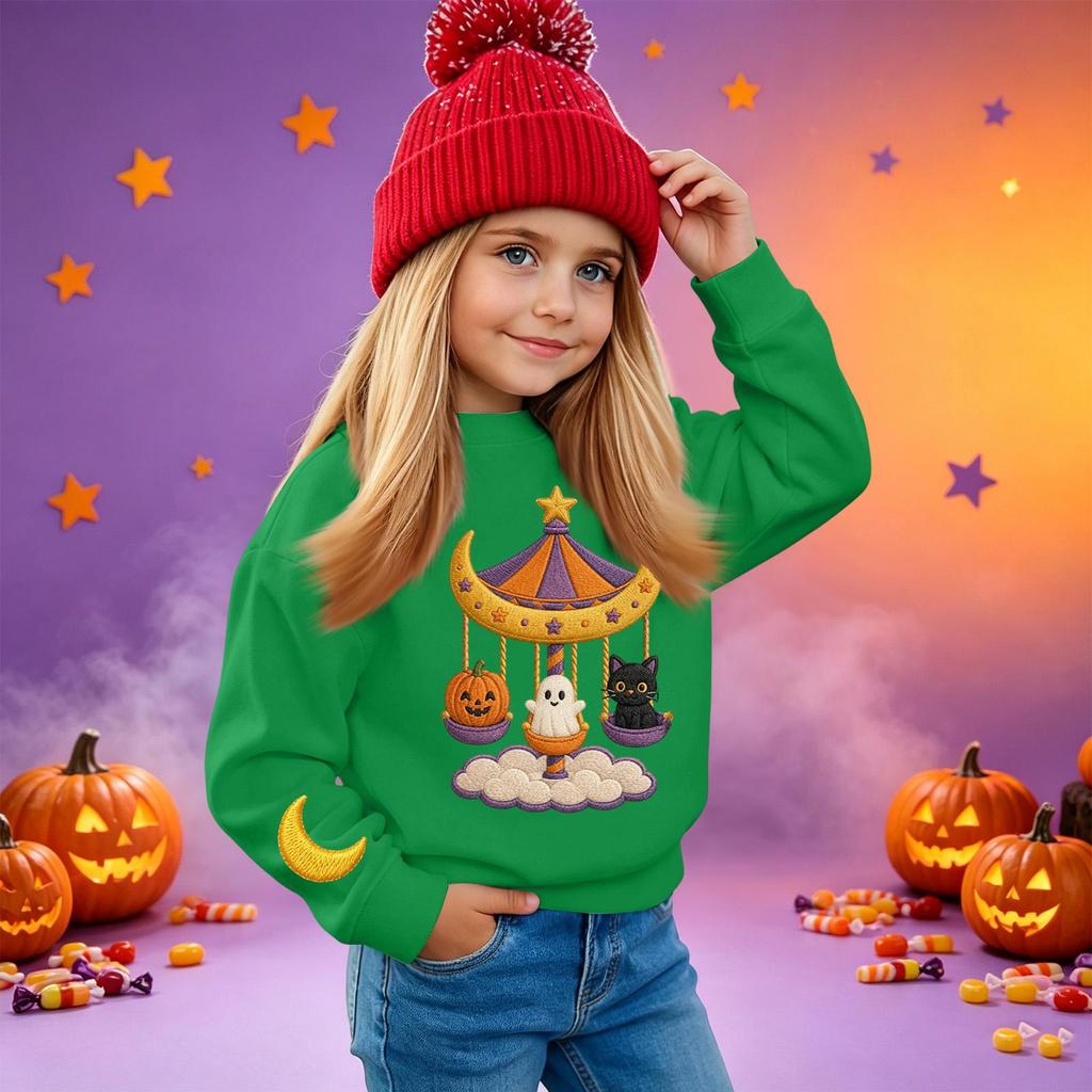Kids' casual long-sleeved sweatshirt with Halloween print, suitable for holiday parties and everyday wear.