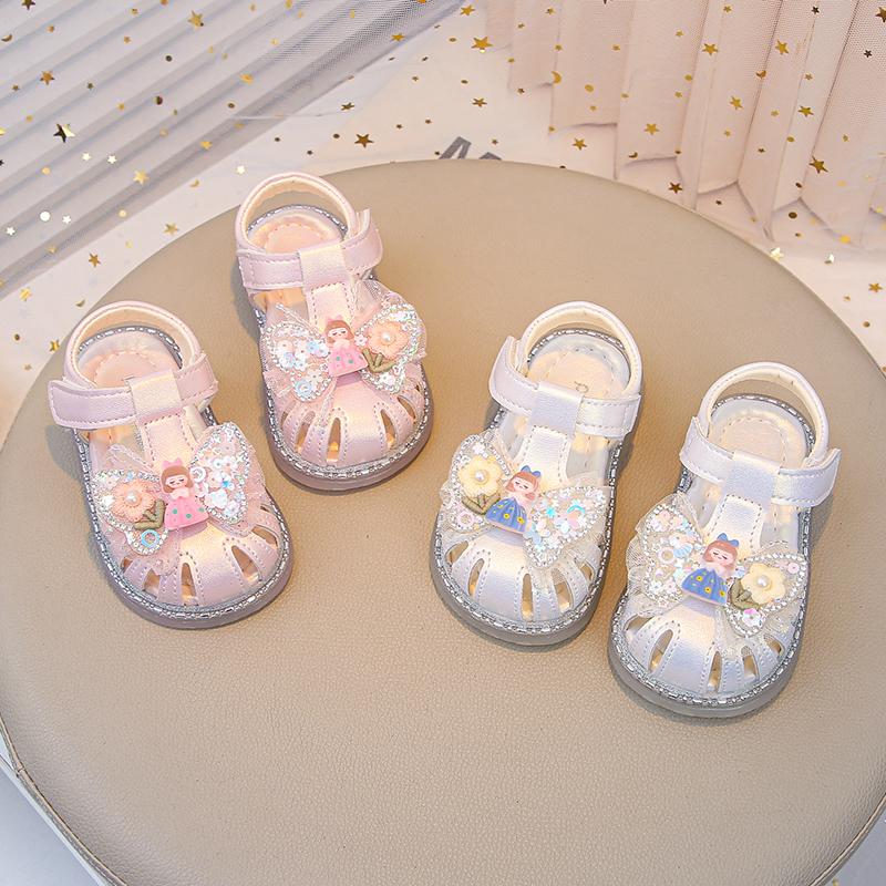 Baby Girls Princess Shoes Sweet Bows Kids Beach Shoes Hollow-out T-strap 2025 Summer New Toddler Walking Shoes Soft Size 16-26