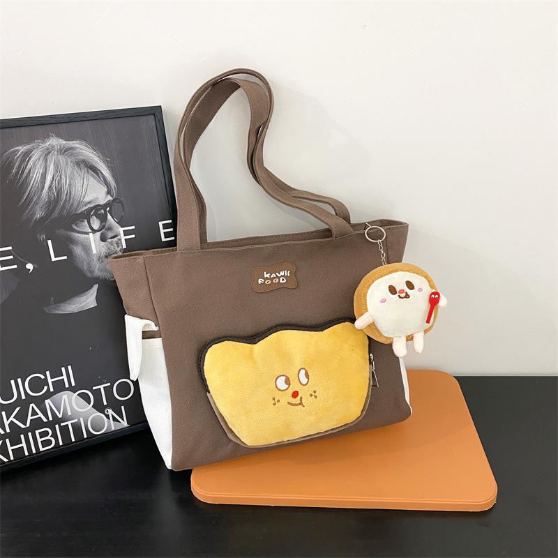 

Милая мультяшная сумка-тост через плечо женская ретро девушка студентка большая вместимость ручная холщовая сумка Single package without pendant темно-коричневого