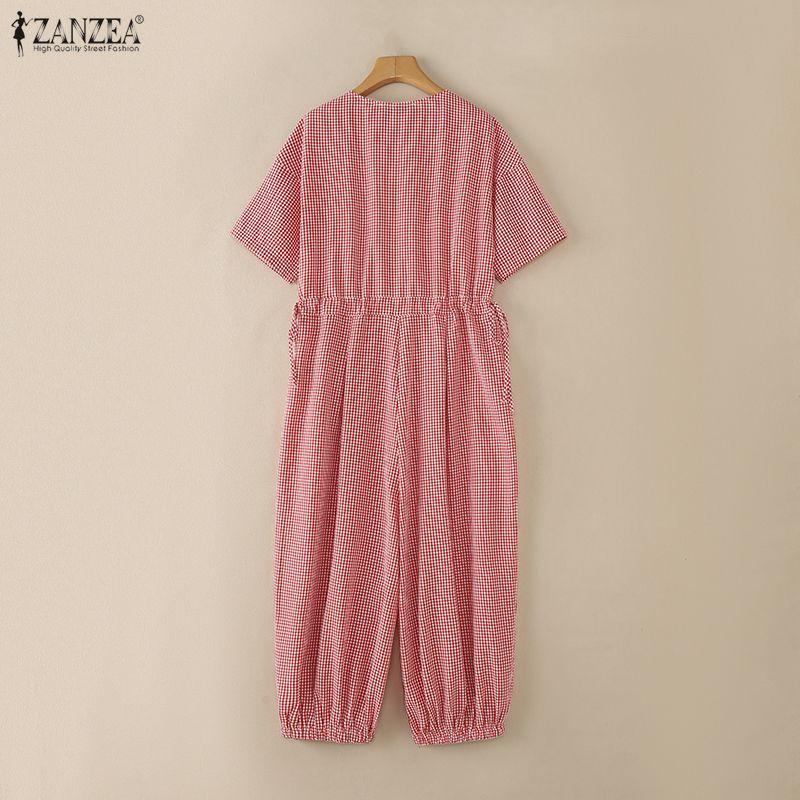 ZANZEA Women Casual Round Neck Short Sleeve Loose Grid Print Jumpsuits
