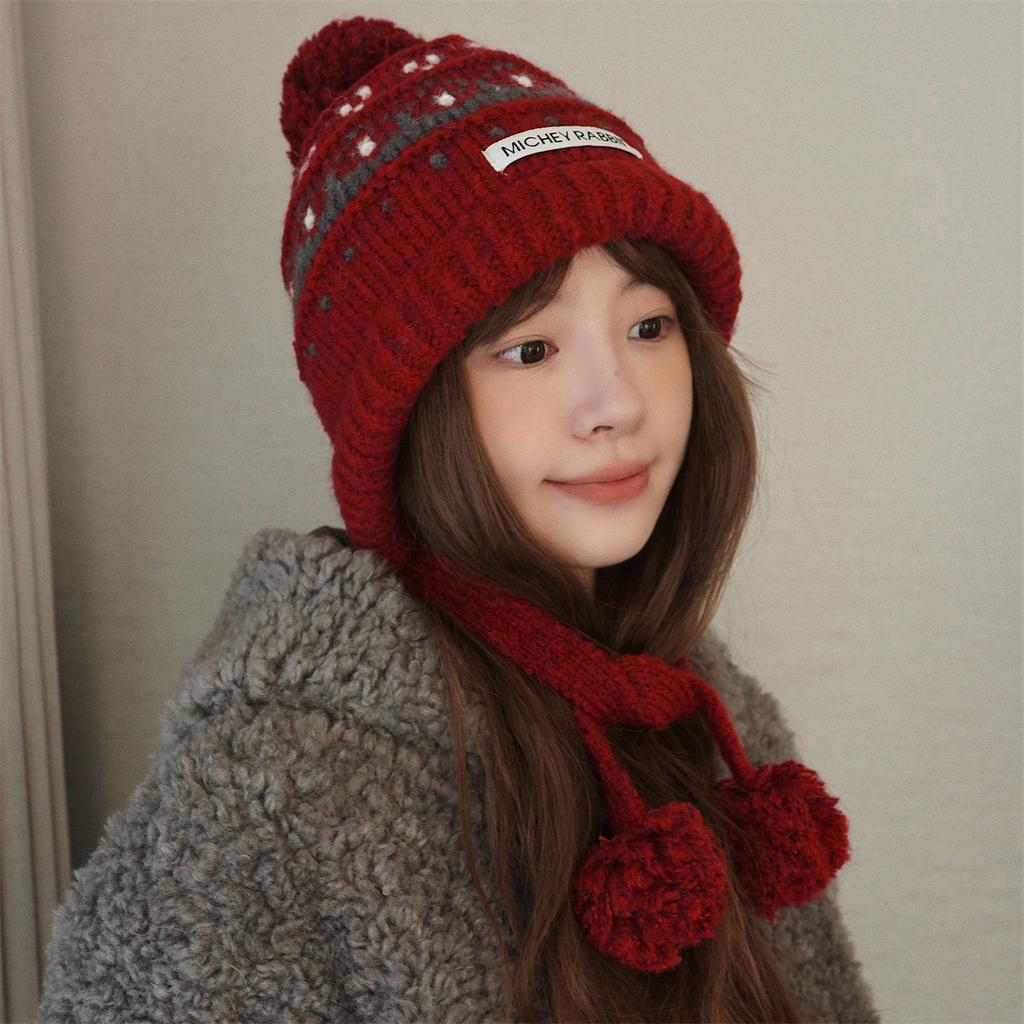 Vintage Hat Fair Island Hairball Knitted Hat Women's Winter Warm Ear Protection Lei Feng Hat Thickened Red Wool Hat