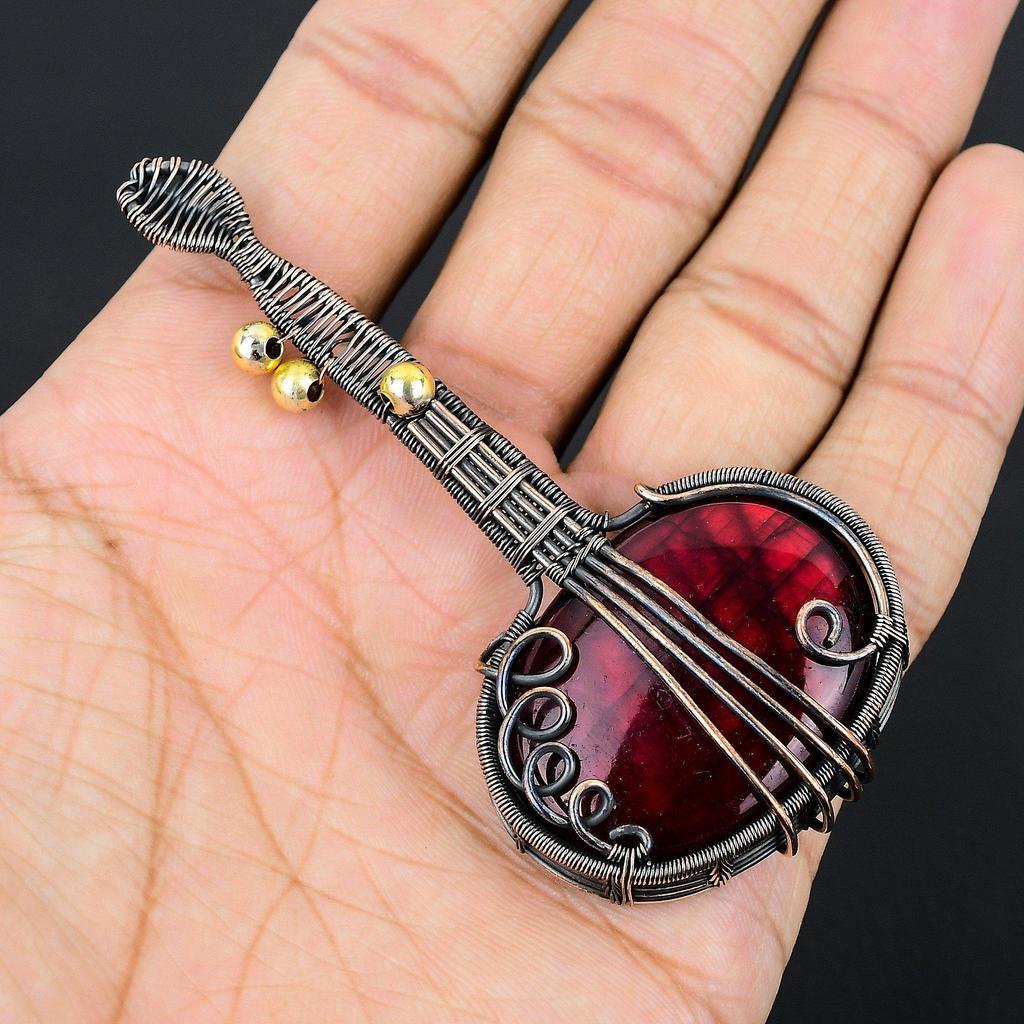 Red Flash Labradorite Pendant, 999 Copper Wire Wrapped Jewelry, Gemstone Jewelry Pendant, Handmade Wedding Gift Jewelry