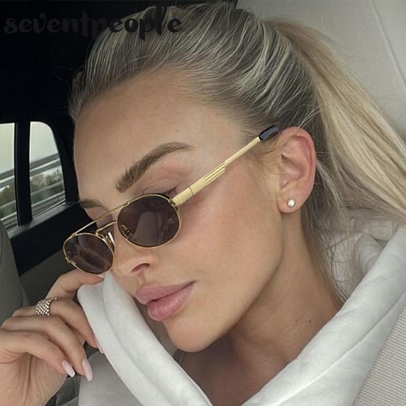 Small Oval Metal Frame Steampunk Sunglasses For Women  Luxury Brand Vintage Double Beam Shades Classic Round Punk Eyewear