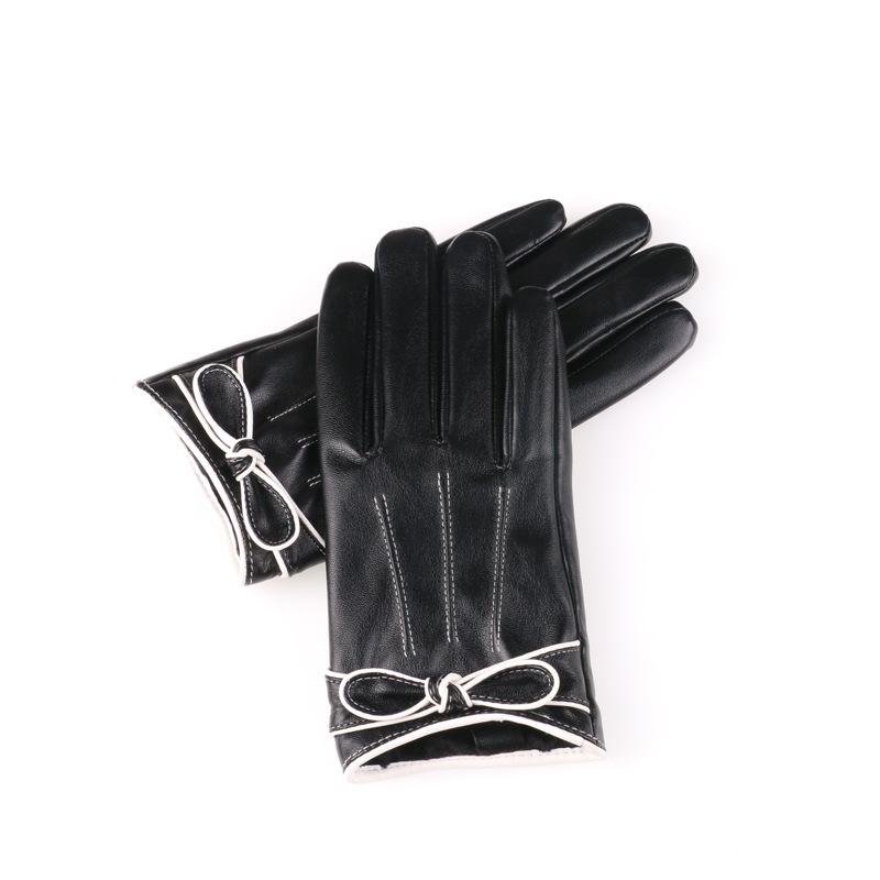 Autumn and Winter Warm Gloves Outdoor Driving and Riding Cute Bows Winter Plus Velvet Thickened PU Leather Touch Screen Gloves