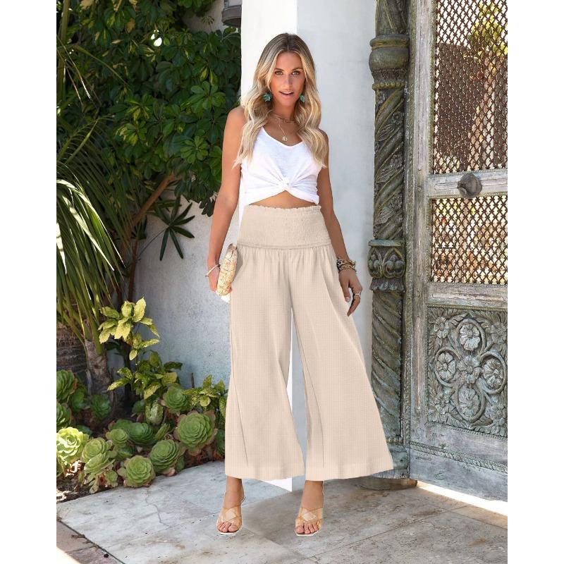 Summer Women's Pants Solid Colour High Waist Drawstring Trousers Casual Cotton Linen Pants Cropped Pants
