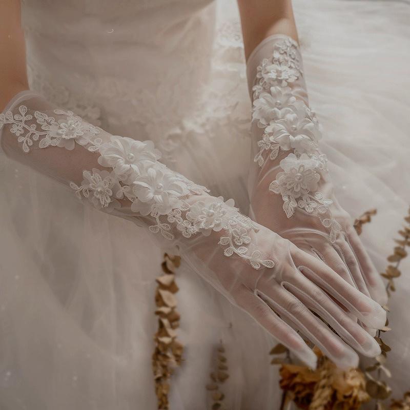 Elegant Fairy Long Wedding Tull Gloves Lace Flower Mesh Thin Gloves Pography Props Bride Dress Accessories