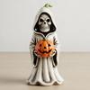 Halloween Skull Pumpkin Figurine Resin Skeleton Holding Pumpkin Statue Spooky Tabletop Ornaments for Indoor Home Decor
