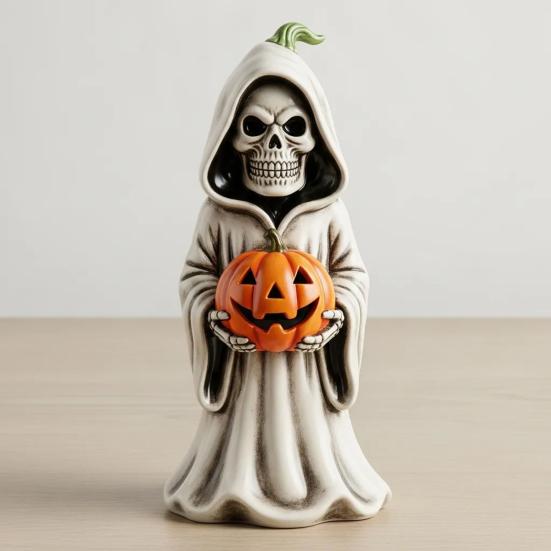 Halloween Skull Pumpkin Figurine Resin Skeleton Holding Pumpkin Statue Spooky Tabletop Ornaments for Indoor Home Decor